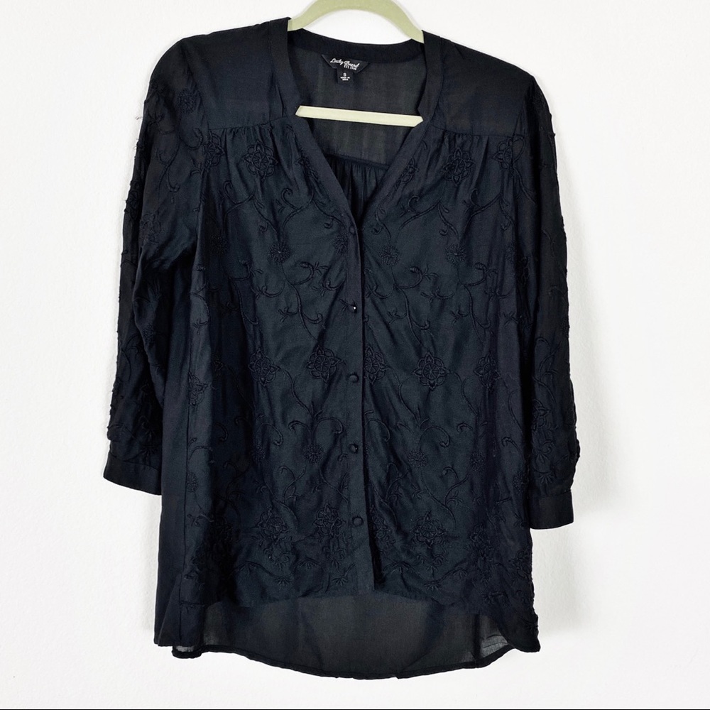 Lucky Brand Semi Sheer Top Black Embroidery S - Picture 5 of 8